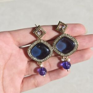 Indian pakistani gold blue rhinestone bead drop gemstone diamond earrings